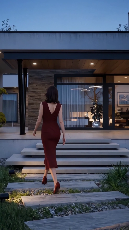 Woman in a red dress walking toward Blue Bay House