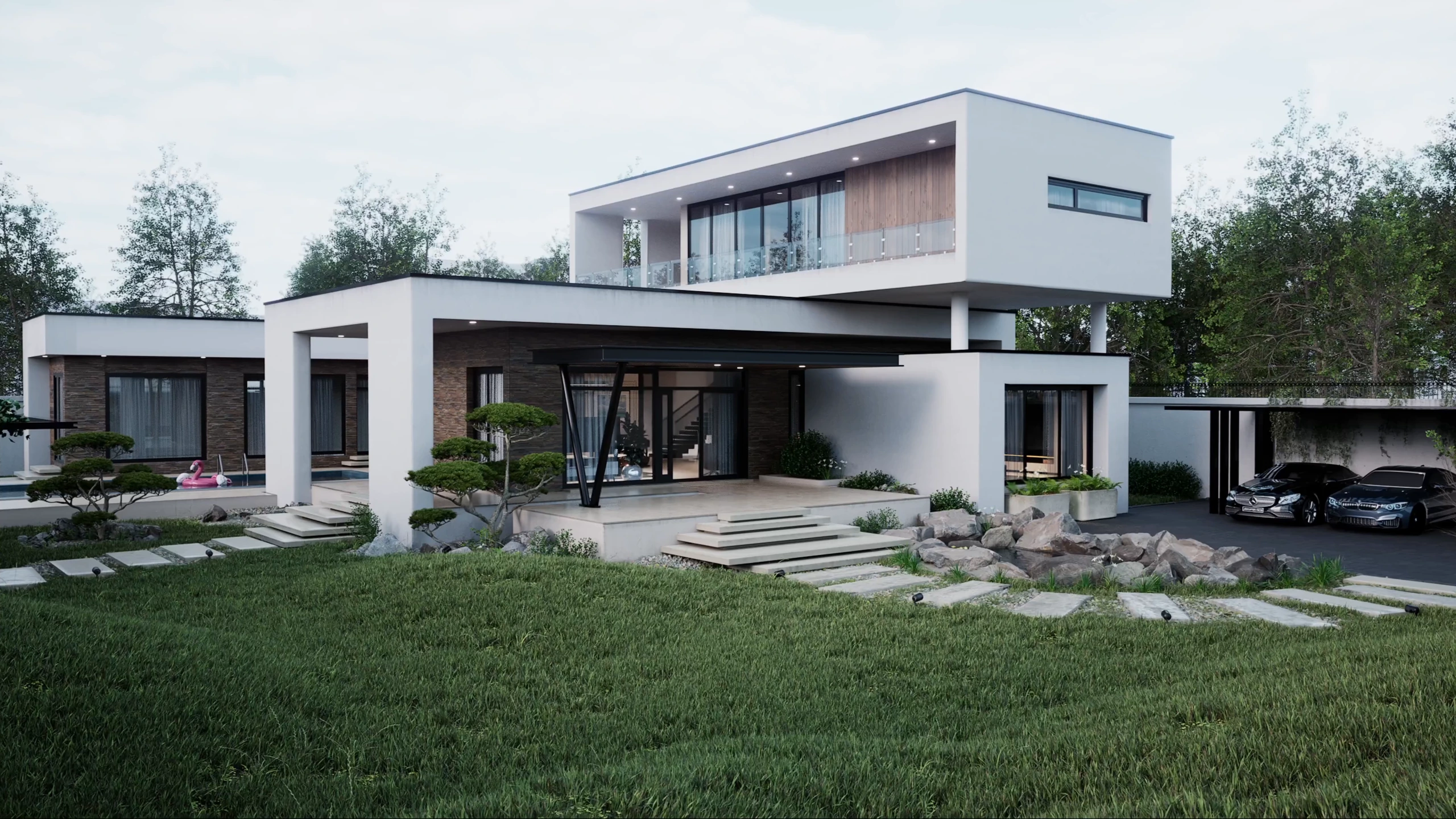 Blue Bay House façade with garden and covered parking