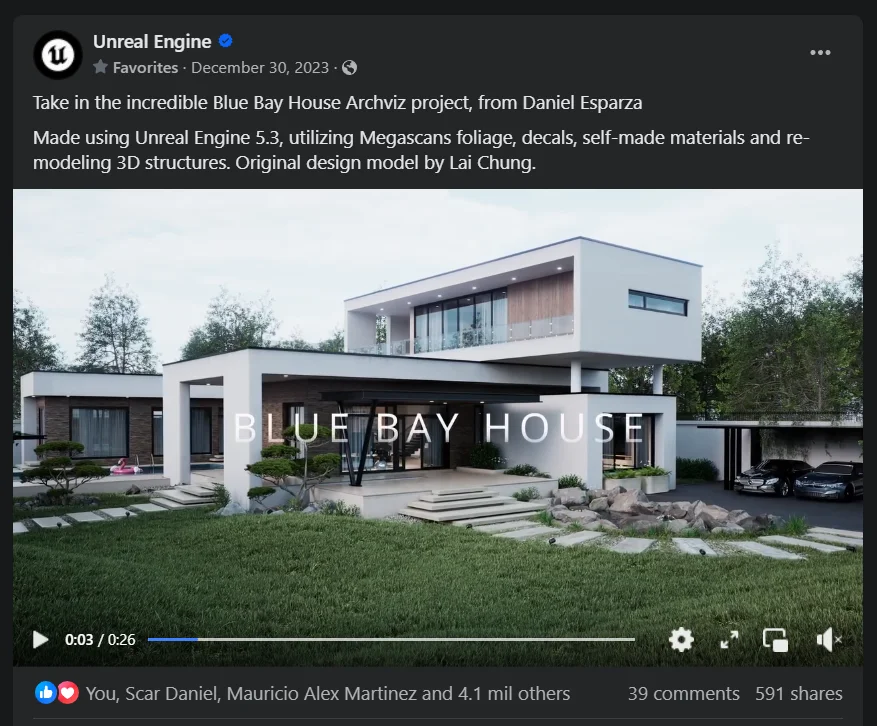 Blue Bay House featured in Unreal Engine social media